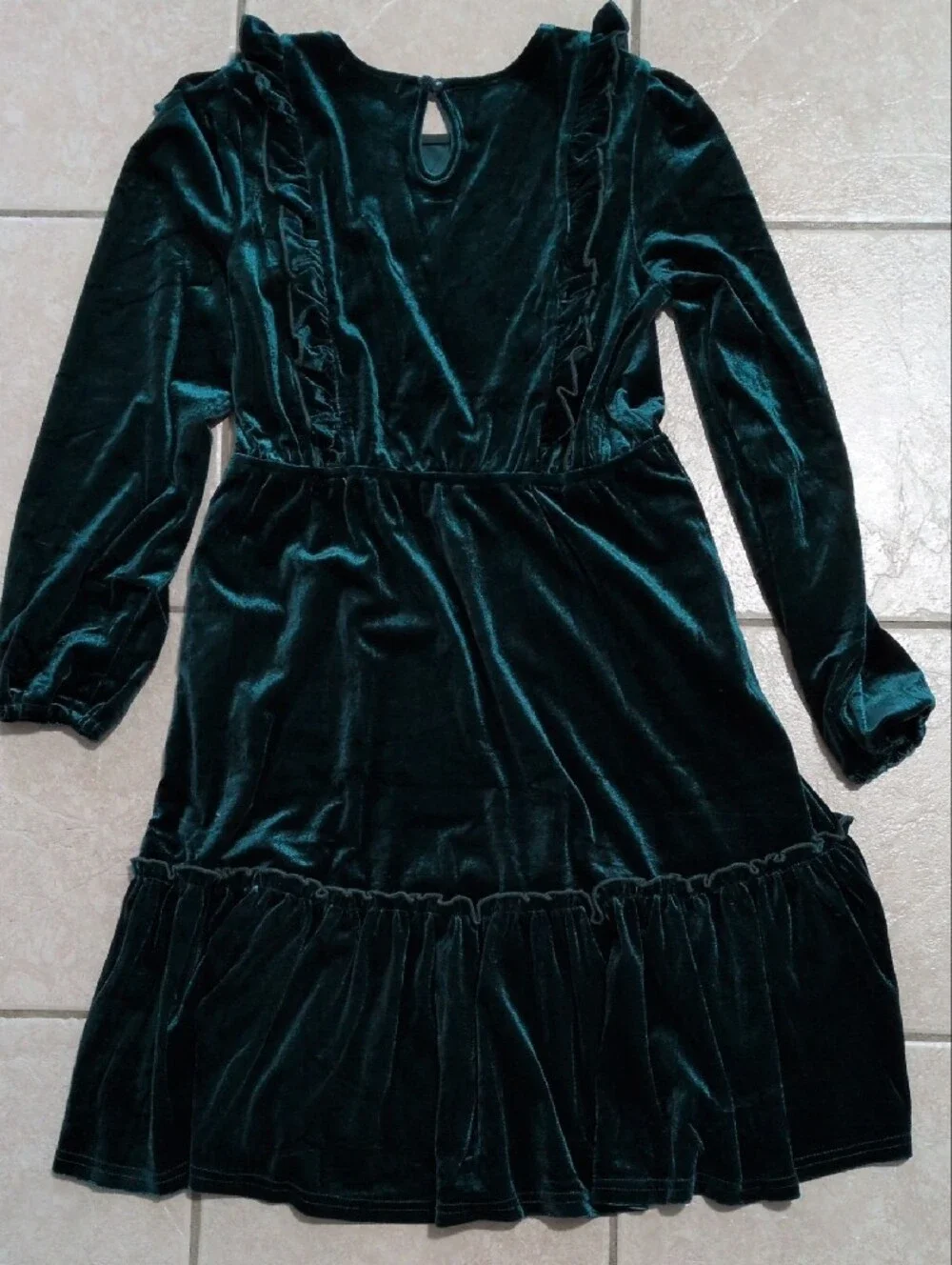 Emerald Green Velvet Long Sleeve Ruffle Dress Girls 13-14